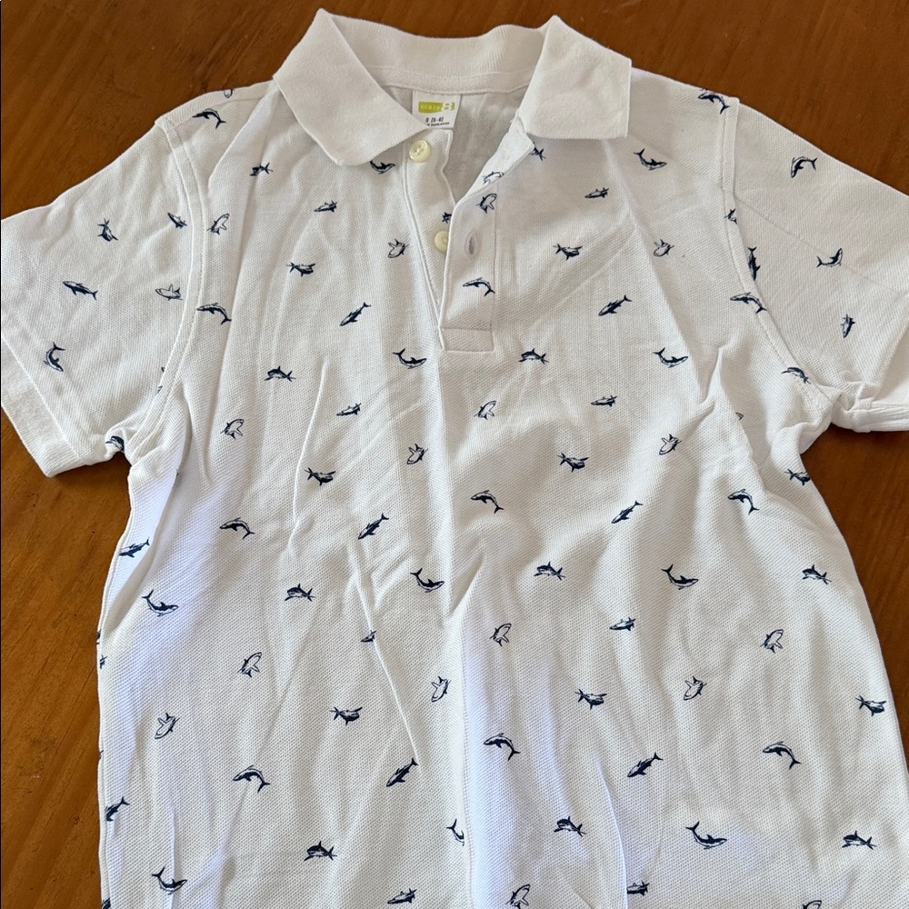 Crazy 8 White Polo with Navy Shark Motif